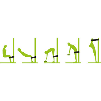 Illustration montrant cinq étapes d'exercices de fitness avec une barre, mettant en scène des silhouettes stylisées en vert utilisant un support vertical. Les positions incluent une assise, une inclinaison, un mouvement de tirage au sol et une position de