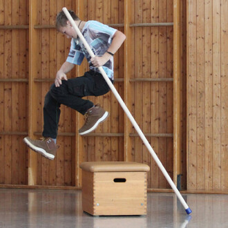 Un jeune homme effectue un saut acrobatique en se tenant à une perche, au-dessus d'une caisse en bois. L'arrière-plan est composé de panneaux en bois. Il porte un t-shirt à rayures et un pantalon noir, ainsi que des chaussures robustes.