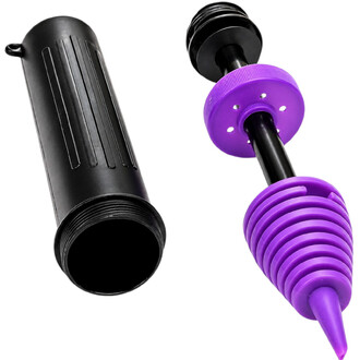 Petite pompe à double action noire avec embout et tuyau spiral violet