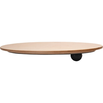 Plateau de jonglerie en bois de forme ronde, avec une surface lisse et un bord légèrement surélevé. Un support sphérique noir est situé sous le plateau, permettant une rotation et un balancement. Fond blanc neutre.