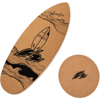 Planche d’équilibre F2 Surf en liège avec motif graphique de planche de surf et vagues, demi-sphère en liège visible à côté.