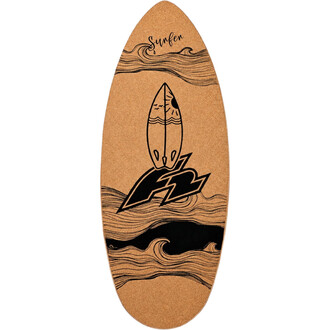 Planche d’équilibre en liège beige avec motif noir de vagues et une planche de surf stylisée au centre, vue de face.
