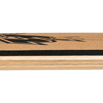 Planche d’équilibre en bois F2 Surf, vue de profil: plateau beige avec motif noir et tranche sombre visible.