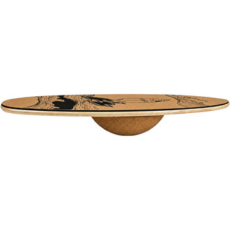 Planche d’équilibre F2 Surf en bois clair avec motif noir, reposant sur une demi-sphère en liège.