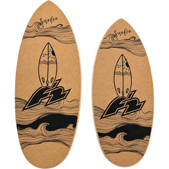 Planche d’équilibre en liège F2 Surf avec motif de vagues noires et dessin de planche de surf, vue de deux planches côte à côte.