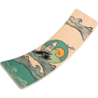 Planche d’équilibre en bois naturel avec design graphique noir de vagues et formes vertes/orange, vue en diagonale avec coins arrondis.