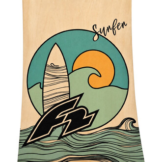 Planche d'équilibre en bois avec illustration circulaire: vague turquoise et soleil orange, motifs noirs et texte Sunken en haut à droite.