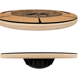 Planche d’équilibre F2 ronde, plateau en liège naturel avec motifs noirs, poignetes ovales sur le bord et socle noir en dessous.