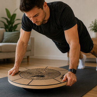 Homme en position de planche sur une planche d’équilibre ronde F2, posée sur un tapis dans un salon, surface ornée d’un motif circulaire.