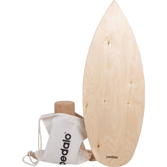 Planche de jonglage en bois clair en forme de surf avec un support en liège et un sac en toile blanche marqué du logo pedalo.