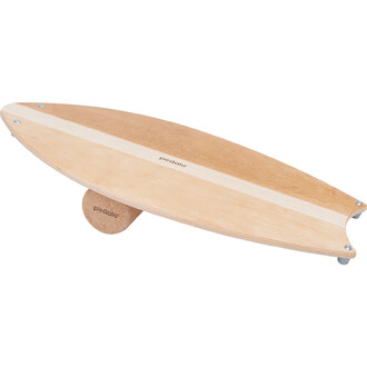 Planche d'équilibre en bois de forme allongée avec un rouleau en liège en dessous, marquée du logo pedalo.