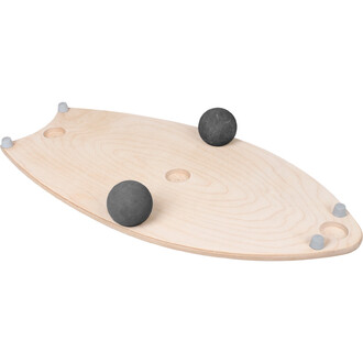 Plateforme en bois de forme ovale avec trois balles noires, dont deux sur la surface et un emplacement pour une balle supplémentaire. Des patins en silicone sont présents aux extrémités pour assurer la stabilité.