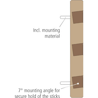 Planche d'escalade Pedalo® montrant un schéma de montage avec des blocs en bois fixés à un panneau. Inclut des indications pour le matériel de montage et un angle de montage de 7° pour un maintien sécurisé des éléments.