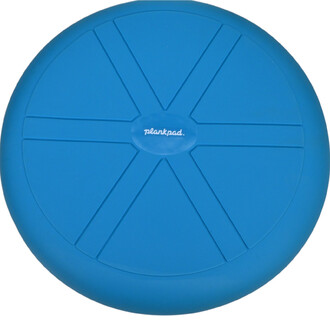 Plankpad Air Pad de couleur bleue, en forme de disque rond avec des lignes découpées en rayons sur sa surface, et le logo plankpad inscrit au centre.