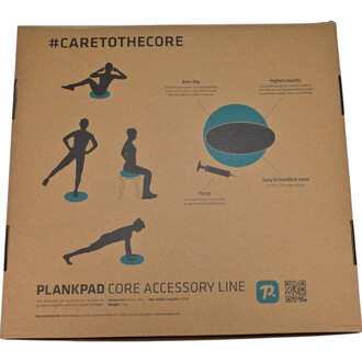 Description de la boîte du produit Plankpad - Air Pad, avec des illustrations montrant des exercices possibles, des caractéristiques comme la surface anti-glisse, la qualité élevée, le pompe pour ajuster la fermeté, et des dimensions ainsi que la capacité