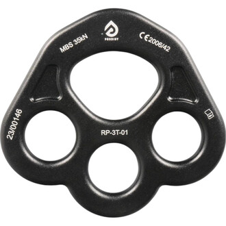 Plaque d’ancrage aérienne Prodigy noire en métal, forme arrondie avec quatre ouvertures circulaires (un grand orifice central et trois petits trous), marquée RP-3T-01 et MBS 35kN.