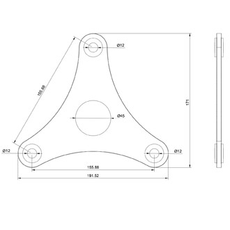 Schéma technique d'un grand plateau d'ancrage triangulaire avec des dimensions indiquées. Le plateau présente trois côtés avec des trous de fixation de diamètre 12 mm, un trou central de diamètre 45 mm et des dimensions globales de 171 mm de hauteur et 19