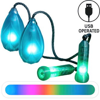 Podpoi® avec poignées capsule, illustrant des poings lumineux en forme de goutte d'eau de couleur bleue, reliés par une corde noire. Inclus une représentation d'options de couleurs et une icône indiquant qu'ils sont alimentés par USB.