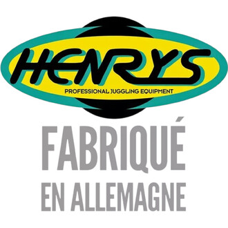 Logo Henry's Professional Juggling Equipment sur fond jaune et turquoise, avec le texte « FABRIQUÉ EN ALLÉMAGNE » en arrière-plan.