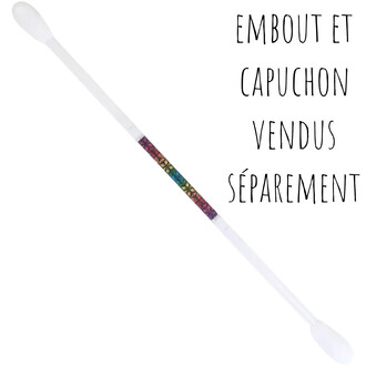 Poignée de bâton LED blanche avec un manchon décoratif arc‑en‑ciel près de l’extrémité ; texte indiquant que l’embout et le capuchon sont vendus séparément.
