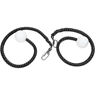 Duas alças de bola Technora feitas de corda trançada preta, com contas brancas nas pontas e um mosquetão de metal conectando as cordas.