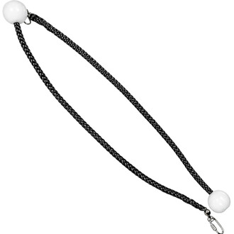 Cabos Technora Bolas: cordão trançado preto com contas brancas e mosquetão de metal na extremidade.