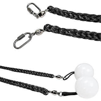 Duas alças pretas Bolas Technora feitas de corda trançada, equipadas com mosquetões prateados e bolas brancas nas extremidades.