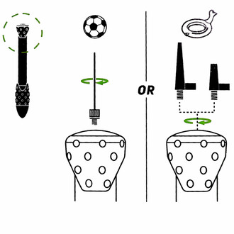 Dessin illustrant la possibilité de mettre plusieurs types d'embouts qui se vis directement à la pompe.