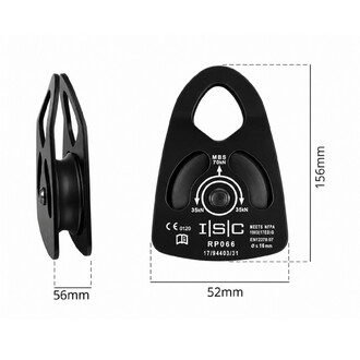 Vue de face et de profil de la poulie large noire Prodigy RP066 avec dimensions 156 mm de hauteur, 52 mm de largeur et 56 mm d'épaisseur, indications de charge MBS 70kN et 35kN, et marquages de conformité CE et NFPA.