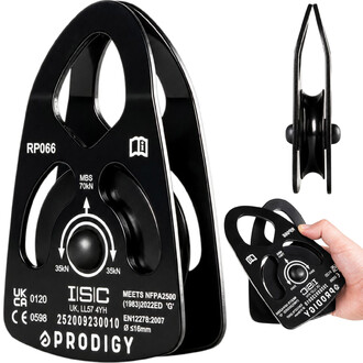 Polia larga preta ISC Prodigy RP066, vista frontal com marcações de carga MBS de 70kN e 35kN, acompanhada de uma vista lateral e uma alça mostrando a escala.