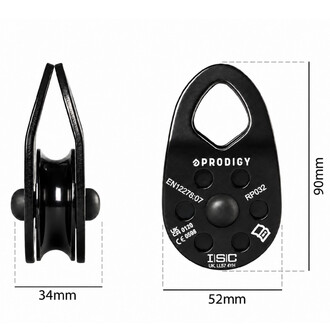 Poulie Prodigy RP032 noire vue de profil et de face avec dimensions 34 mm de large, 52 mm de large et 90 mm de haut