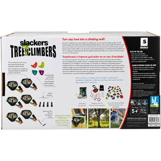 Emballage du kit Slackers Tree Climbers pour transformer un arbre en mur d'escalade, avec 6 bases à sangles, 4 prises d'escalade colorées en résine polyester, boulons et clé Allen, illustré par des photos d'enfants grimpant et des accessoires complémentai
