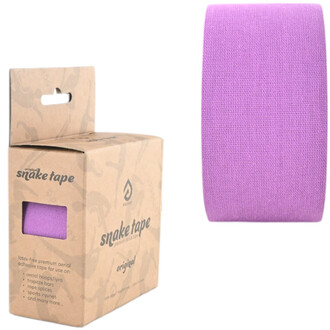 Caixa de papelão kraft Snake Tape Prodigy com janela e rolo roxo de fita adesiva Snake Tape com textura trançada.