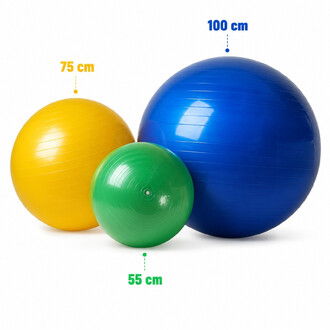 Tre palloni da ginnastica gonfiabili di diverse dimensioni (giallo 75 cm, verde 55 cm, blu 100 cm) su sfondo bianco.
