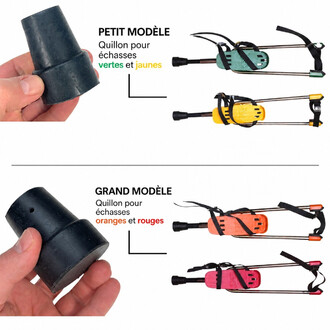 Suporte de borracha preta para perna de pau, com diâmetro de Ø22 ou Ø28 mm, segurado na mão; mostra os dois modelos: modelo pequeno para pernas de pau verdes e amarelas e modelo grande para pernas de pau laranja e vermelhas.