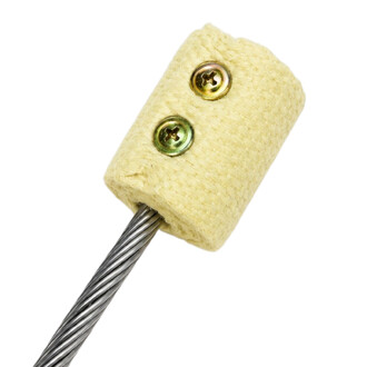 Extrémité d'un Rayon Dragon avec mèche : manchon beige tissé entourant un câble métallique torsadé, avec deux vis à tête Phillips dorées visibles sur le dessus, fond blanc.