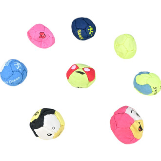 Recharge de 8 balles TSHAKA colorées, avec des motifs variés et des expressions amusantes, disposées sur un fond blanc.