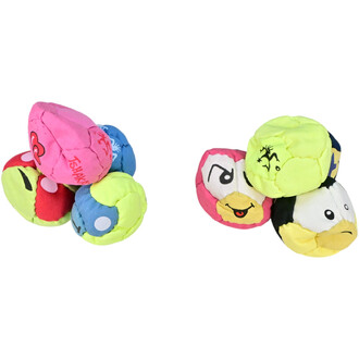 Balles de jonglerie TSHAKA colorées en différentes teintes, avec des motifs ludiques et variés, empilées en groupe. Les balles sont principalement de couleur rose, bleue, jaune et verte.