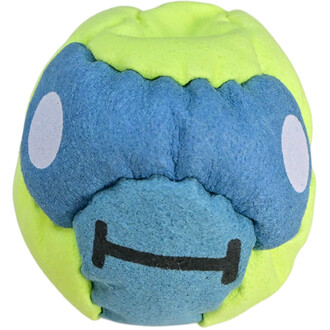 Balle de jonglerie TSHAKA de couleur jaune avec des motifs bleus et blancs, représentant un visage souriant.