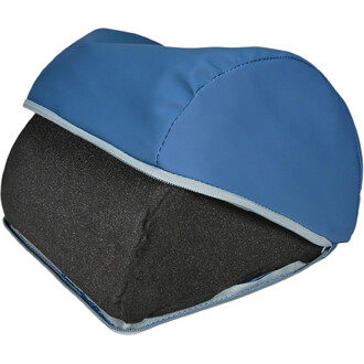 Repose tête Sarneige, avec une housse en tissu bleu et une base en mousse noire, montrant une forme ergonomique pour le confort.