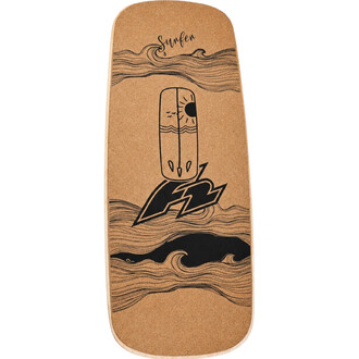 Planche Rola Bola F2 en liège avec motif graphique noir : vagues stylisées en haut et dessin rectangulaire représentant le soleil et l’océan sur fond naturel de liège.
