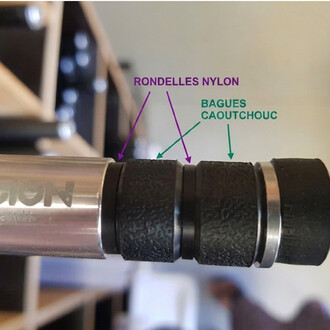 Plan rapproché montrant des rondelles nylon Fusion sur un axe, avec des bagues en caoutchouc à proximité et un panneau indiquant « RONDELLES NYLON » et « BAGUES CAOUTCHOUC ».