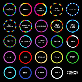 Design représentant des cercles colorés avec des mots inspirants au centre, sur fond noir. Les inscriptions incluent des phrases telles que BE COLOURFUL, LOVE YOURSELF et RAINBOW CHILD, ainsi que des couleurs comme PINK, BLUE et PURPLE. Le tout évoque une