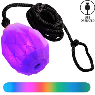 Dardo de corda LED Prism Threeworlds com cabeça facetada iluminada na cor roxa, corda trançada preta e logotipo USB OPERATED, com um gradiente de cores do arco-íris na parte inferior.