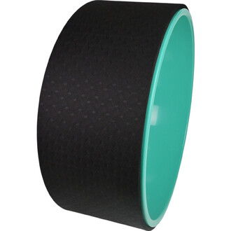 Roue de yoga avec une surface noire texturée et un intérieur de couleur turquoise, conçue pour améliorer les postures et la flexibilité.