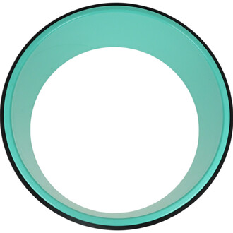 Roue de yoga de couleur turquoise avec une finition lisse et un contour noir, vue de dessus.