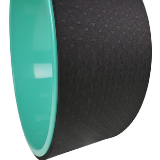 Roue de yoga avec un bord extérieur turquoise et une surface intérieure noire texturée pour une meilleure adhérence.