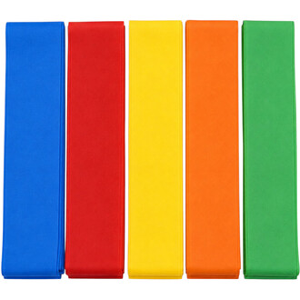 Farbige GRS-Initiationsbänder (1,60 m x 5 cm) in Blau, Rot, Gelb, Orange und Grün, nebeneinander angeordnet.