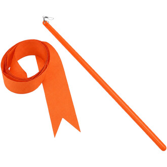 Orangefarbenes Jonglierband für Anfängergymnastik, 1,60 m lang und 5 cm breit, am Ende mit einem kleinen Metallverschluss versehen.