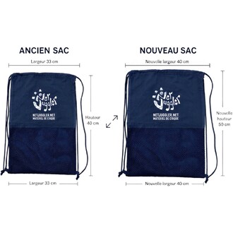 Comparatif de sacs pour 3 massues : à gauche l’Ancien Sac bleu de 33 cm de large sur 40 cm de hauteur, à droite le Nouveau Sac bleu de 40 cm de large sur 50 cm de hauteur, avec cordons de serrage et poche en filet en bas, logo NetJuggler sur le devant.